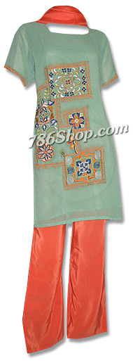  Green/Orange Georgette Trouser Suit | Pakistani Dresses in USA- Image 1