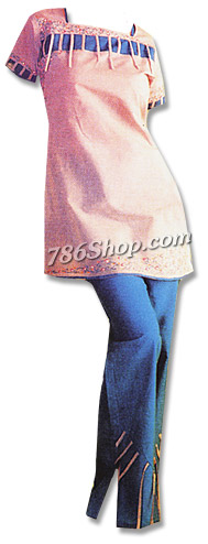  Peach/Blue Georgette Trouser Suit | Pakistani Dresses in USA- Image 1