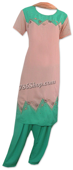  Green/Skin Georgette Trouser Suit | Pakistani Dresses in USA- Image 1