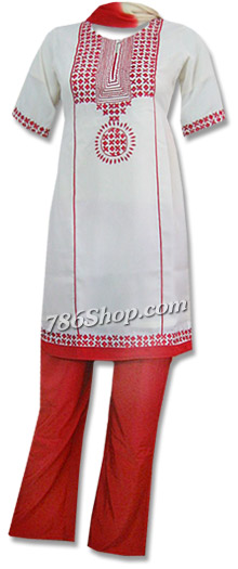  White/Red Georgette Trouser Suit | Pakistani Dresses in USA- Image 1