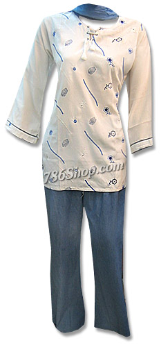  White/Blue Jean Trouser Suit | Pakistani Dresses in USA- Image 1