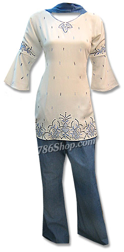  White/Blue Jean Trouser Suit | Pakistani Dresses in USA- Image 1