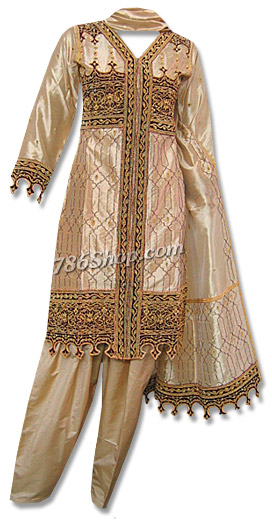  Golden Viscose Silk Suit | Pakistani Dresses in USA- Image 1