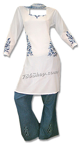 White/Blue Jean Trouser Suit | Pakistani Dresses in USA