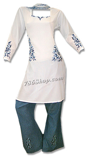  White/Blue Jean Trouser Suit | Pakistani Dresses in USA- Image 1