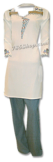 White/Blue Trouser Suit | Pakistani Dresses in USA- Image 1