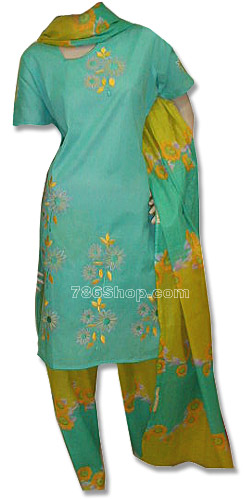  Sea Green/yellow Cotton Suit | Pakistani Dresses in USA- Image 1