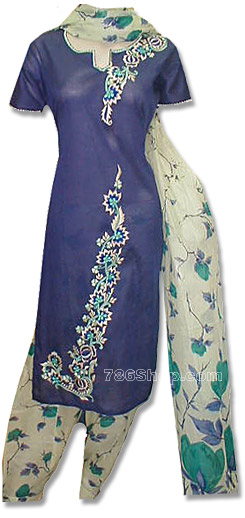  Dark Blue/Cream Cotton Suit | Pakistani Dresses in USA- Image 1