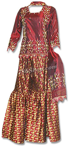  Maroon Pure Katan/Jamawar Gharara  | Pakistani Wedding Dresses- Image 1