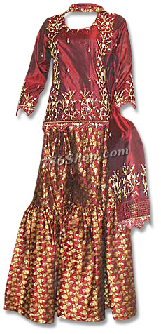  Maroon Pure Katan/Jamawar Gharara  | Pakistani Wedding Dresses USA- Image 1