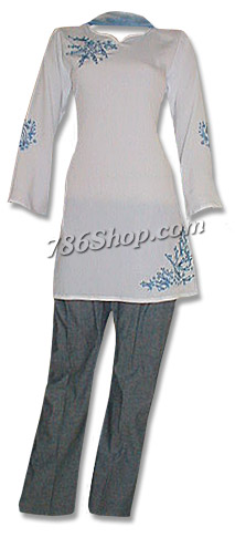 White/Blue Trouser Suit | Pakistani Dresses in USA