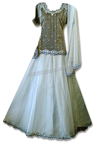  Gray/White Net Organza Lehnga | Pakistani Wedding Dresses- Image 1