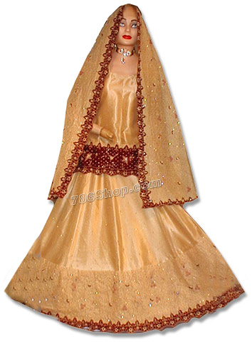  Golden Fancy Net Lehnga   | Pakistani Wedding Dresses- Image 1