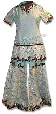  Sky Blue Katan Silk/Jamawar Sharara | Pakistani Wedding Dresses- Image 1