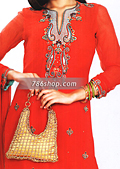 Red Crinkle Chiffon Trouser Suit- Pakistani Formal Designer Dress