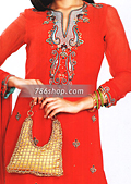 Red Chiffon Trouser Suit- Pakistani Formal Designer Dress