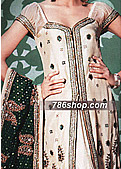 Off-White/Green Jamawar Lehnga- Pakistani Party Wear Dress