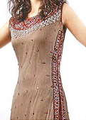 Fawn/Red Chiffon Suit- Pakistani Party Wear Dress