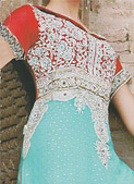 Turquoise/Red Chiffon Suit - Pakistani Formal Designer Dress