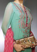 Sea Green/Red Chiffon Suit   - Pakistani Formal Designer Dress