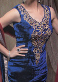 Blue/Red Velvet Suit- Pakistani Formal Designer Dress