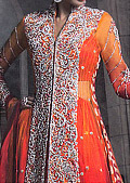 Orange/Red Jamawar Chiffon Lehnga- Pakistani Party Wear Dress