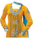 Mustered/Blue Chiffon Suit- Indian Semi Party Dress