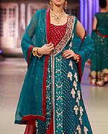 Teal Blue/Red Chiffon Suit- Pakistani Party Wear Dress