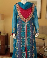 Turquoise/Red Chiffon Suit- Pakistani Party Wear Dress