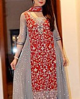 Red/Grey Chiffon Suit- Pakistani Party Wear Dress