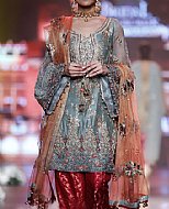 Slate Grey/Red Silk Suit- Pakistani Party Wear Dress