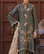 Anamta Olive/Grey Cotton Satin Suit- Pakistani Designer Chiffon Suit