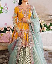 Akbar Aslam Mustard/Turquoise Net Suit- Pakistani Designer Chiffon Suit