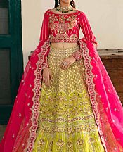 Akbar Aslam Hot Pink/Green Raw Silk Suit- Pakistani Designer Chiffon Suit