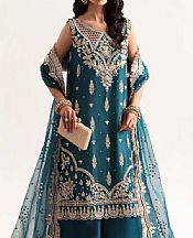 Akbar Aslam Teal Silk Suit- Pakistani Chiffon Dress