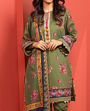 Alkaram Olive Green Cambric Suit- Pakistani Lawn Dress