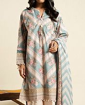Alkaram Off White/Sea Mist Lawn Suit- Pakistani Lawn Dress