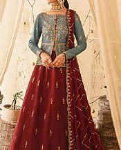 Sky Blue/Red Silk Suit- Pakistani Designer Chiffon Suit