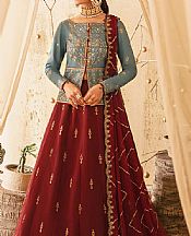 Asim Jofa Sky Blue/Red Silk Suit- Pakistani Chiffon Dress