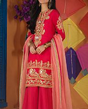 Asim Jofa Carmine Red Net Suit- Pakistani Chiffon Dress