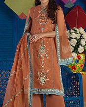 Asim Jofa Rust Organza Suit- Pakistani Chiffon Dress