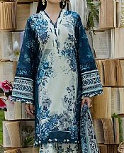 Elaf Off White/Prussian Blue Lawn Suit- Pakistani Lawn Dress