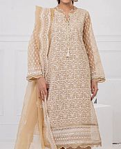 Gul Ahmed Beige Organza Suit- Pakistani Designer Chiffon Suit