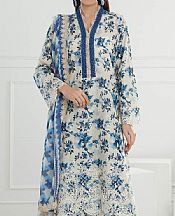 Gul Ahmed Off White/Blue Lawn Suit- Pakistani Lawn Dress