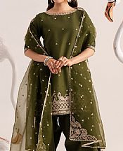 Izel Olive Green Raw Silk Suit- Pakistani Designer Chiffon Suit