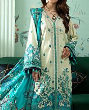 Off-white/Cyan Lawn Suit- Pakistani Designer Lawn Dress