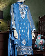 Junaid Jamshed Denim Blue Organza Suit- Pakistani Designer Chiffon Suit