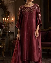 Mahveen Studio Maroon Tissue Silk Suit- Pakistani Designer Chiffon Suit