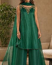 Mahveen Studio Emerald Green Tissue Silk Suit- Pakistani Designer Chiffon Suit