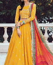 Maria B Golden Yellow Cotton Satin Suit- Pakistani Winter Dress